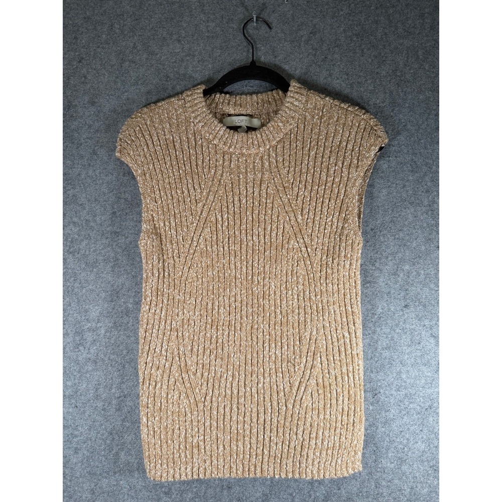 LOFT Womens Tan Marled Ribbed Knit Sweater Vest Size M Cap Sleeve Side Slit‎ - Picture 2 of 8